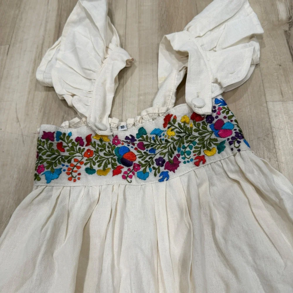 Girls White Floral Embroidered Smocked Ruffle Flutter Sleeve Dress Size 10